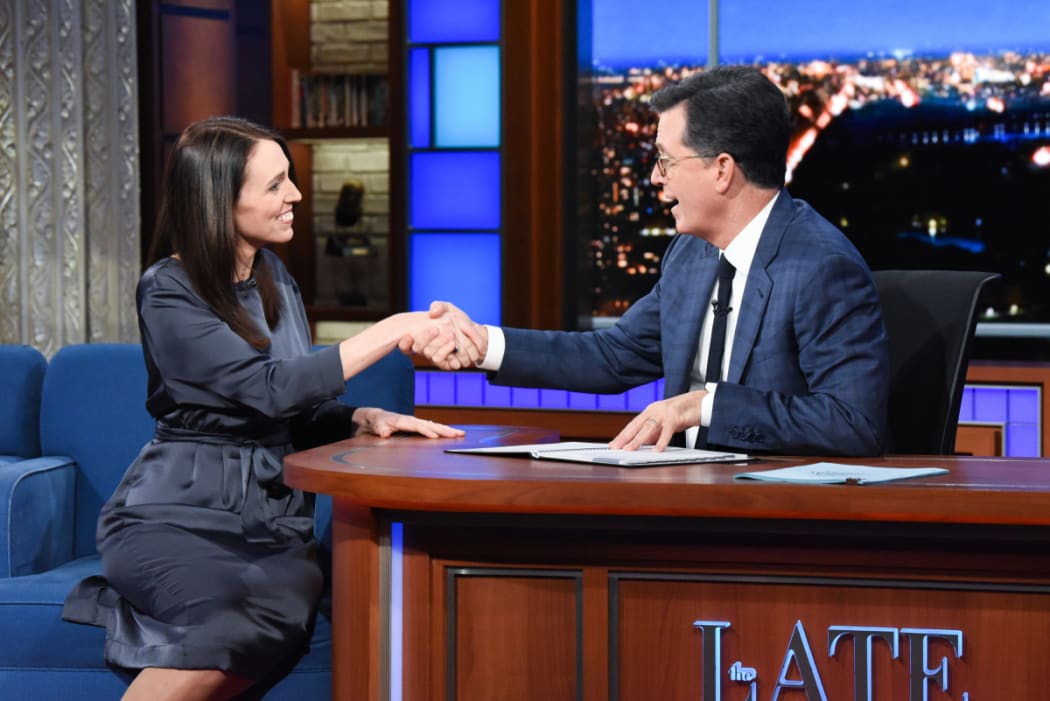Jacinda Ardern on the Late Show with Stephen Colbert.