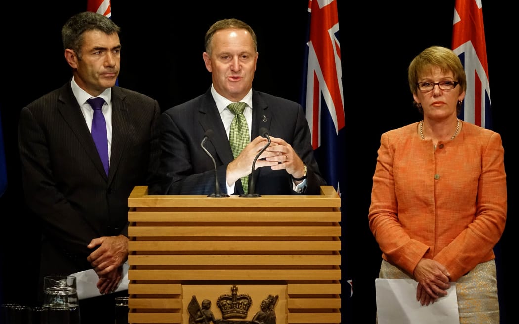 Prime Minister John Key, centre, at this afternoon's press conference - with Primary Industries Minister Nathan Guy and Associate Primary Industries Minister Jo Goodhew.