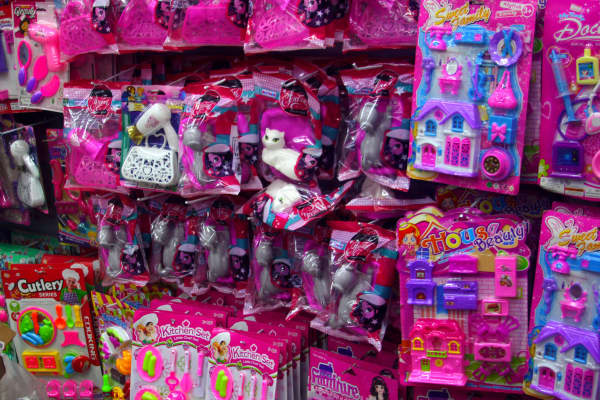 A display of pink-coloured toys.