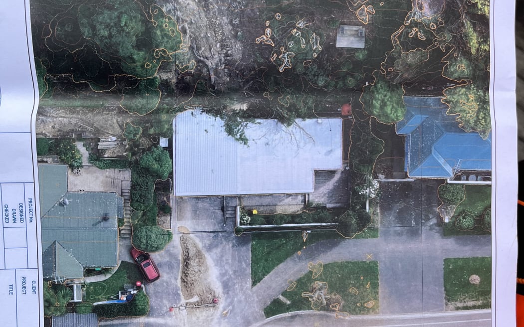 An aerial photo showing the extent of the slip behind Jo Chamberlain and Murray Hewson's house.
