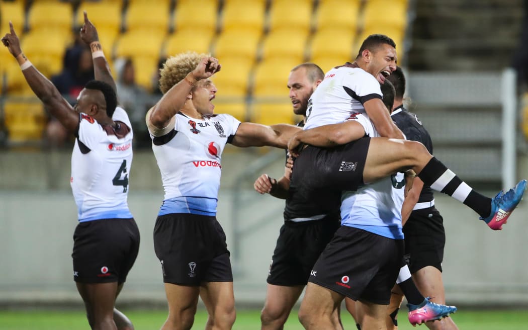 Fiji celebrate their quarter final victory over the Kiwis.