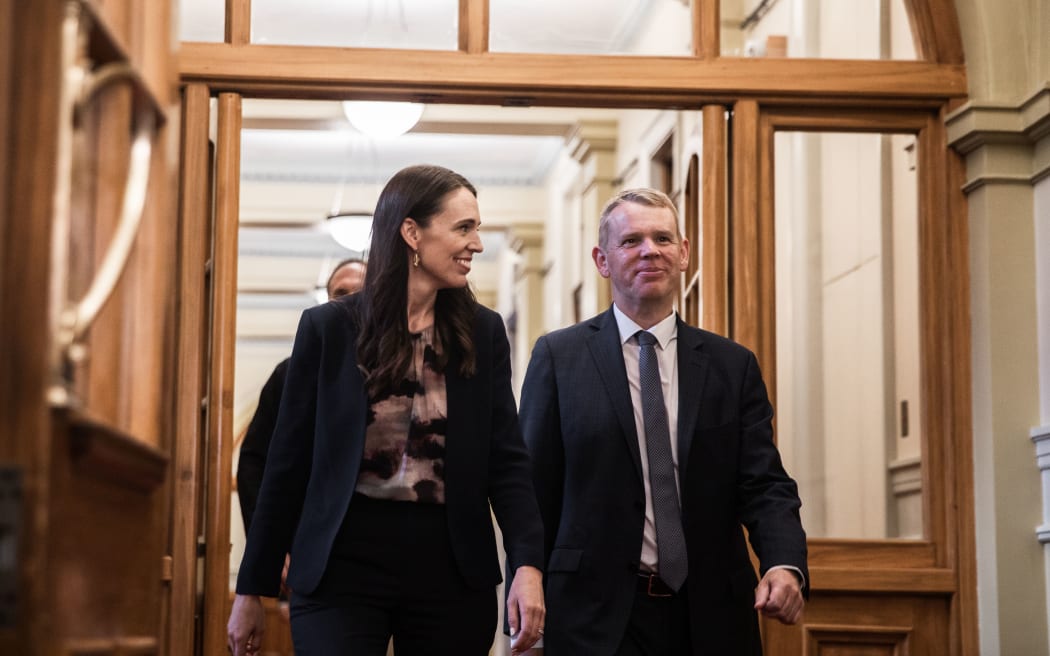 Jacinda Ardern and Chris Hipkins at Parliament ahead of his confirmation as the 41st Prime Minister of New Zealand.