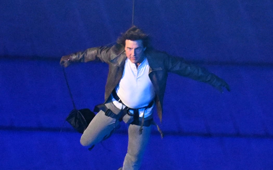 The closing ceremony of the Paris Olympics at the Stade de France in Saint-Denis, France on August 11, 2024. Tom Cruise, U.S. actor, is seen during flag handover ceremony.( The Yomiuri Shimbun ) (Photo by Kaname Muto / Yomiuri / The Yomiuri Shimbun via AFP)