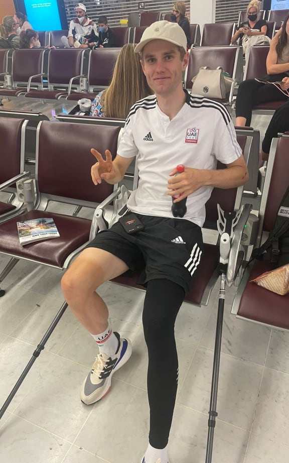 New Zealand cyclist Finn Fisher-Black after surgery on his broken leg, 2022.