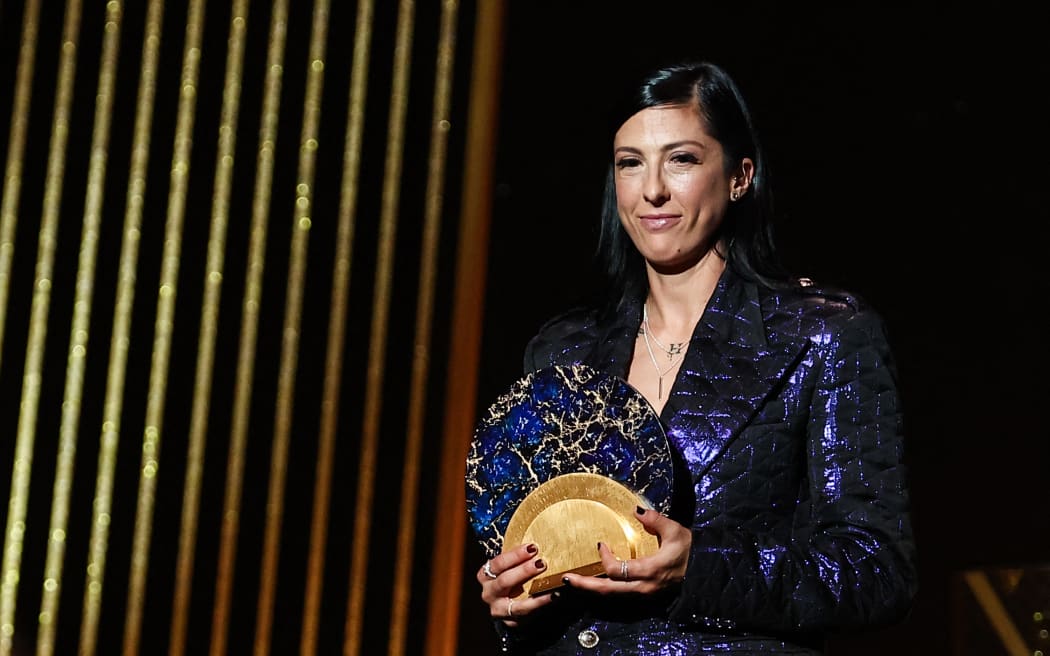 Spanish forward Jennifer Hermoso receives the Socrates Trophy for most involved player in societal and charitable projects during the 2024 Ballon d'Or France Football award ceremony in Paris.