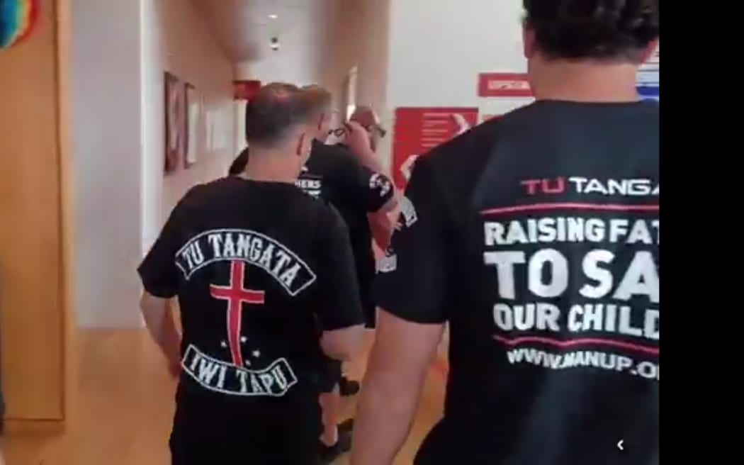 A screenshot of the protest by Destiny Church linked groups at Te Atatū Community Centre.
