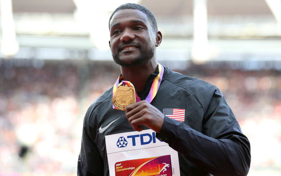 Justin Gatlin with his 2017 world championship gold medal.
