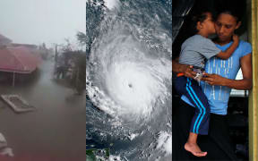 Social media posts show flooding and damage on Saint Martin and, right, Puerto Rico resident Yanina Lopez takes shelter with her family.