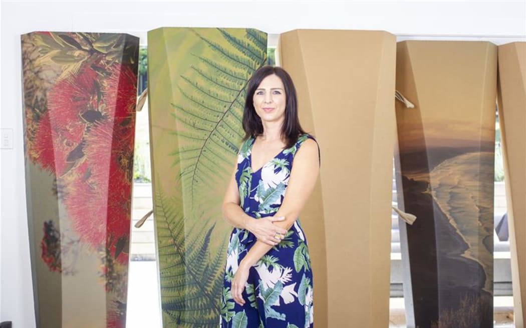 Outside the box caskets and designer Becs Bartells.