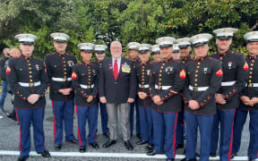 Major Larry Keim, from the Kapiti US Marines Trust, with members of the US Marine Corps Forces Pacific band at the Paraparaumu RSA Dawn Service in Paraparaumu.