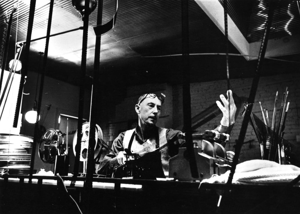 Len Lye in his studio in 1958.