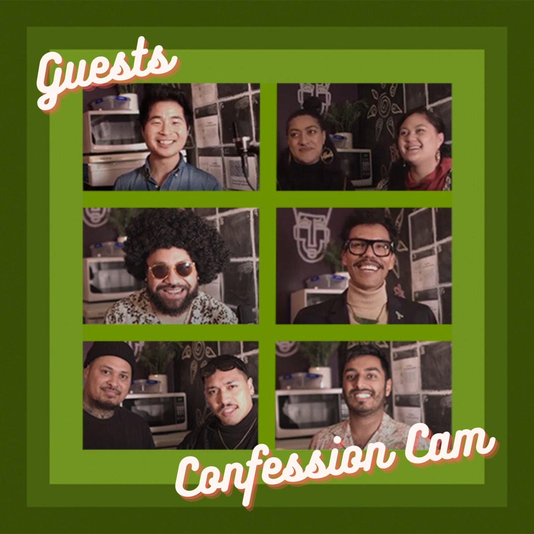 This image has six different photos in a grid format - the photos are all closeups of the party guests. The grid and the image border are in green 70s colours and the caption is "Guests Confession Cam"