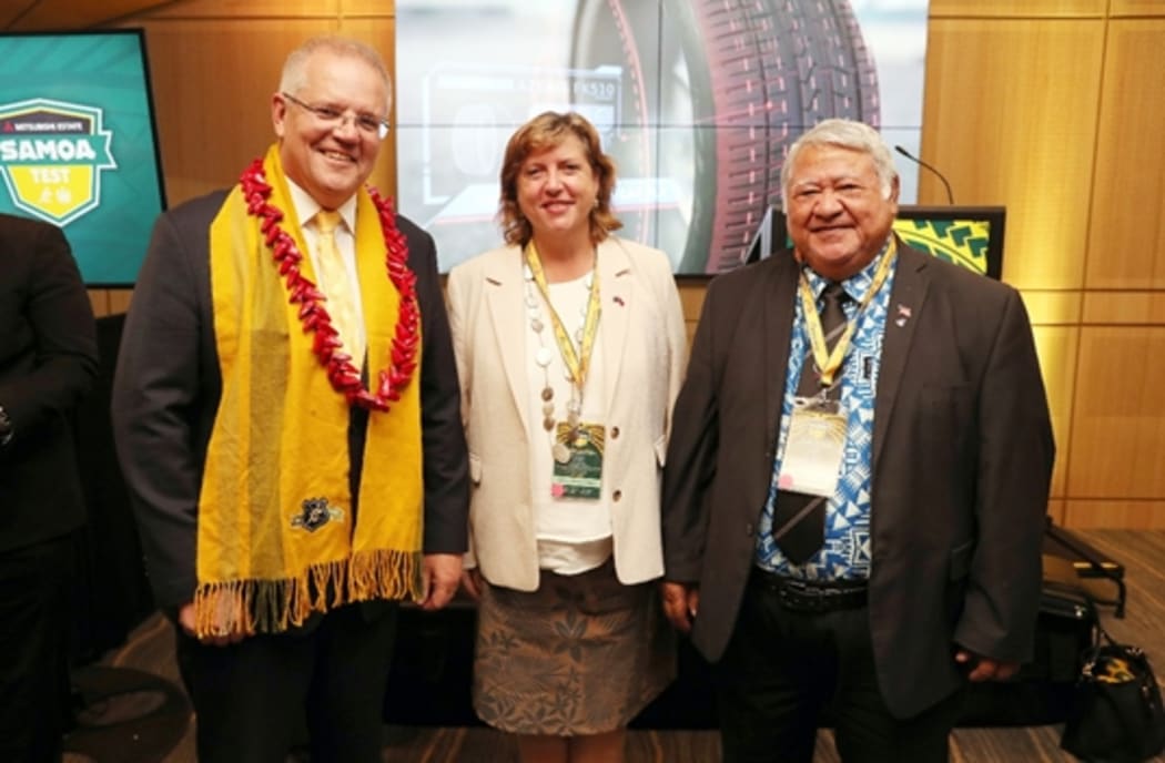 Australian PM Scott Morrison, Australia’s High Commissioner in Samoa Sara Moriarty and Samoa PM Tuilaepa Sailele Malielegaoi in Sydney last weekend.