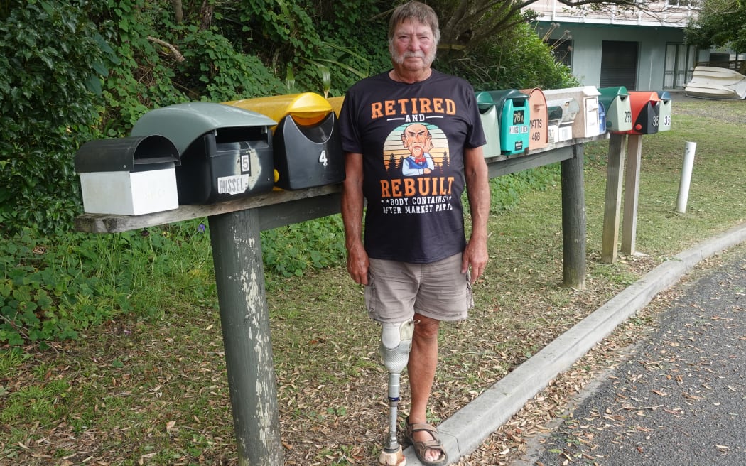 Russel Blank's prosthetic foot was stolen from this row of letterboxes in Whangaroa, in the Far North, so he has improvised and made his own.