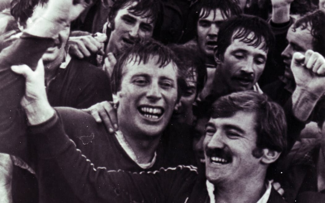 Ireland and Lions prop Moss Keane (L) after the Munster victory over the All Blacks. 1978.