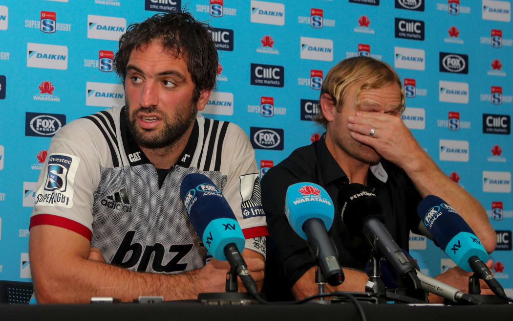 Crusaders captain Sam Whitelock and coach Scott Robertson following the 20-12 defeat to the Waratahs in Sydney.