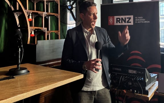 Wallace Chapman preparing for his show The Panel, broadcasting live from Revelry Bar in Auckland.