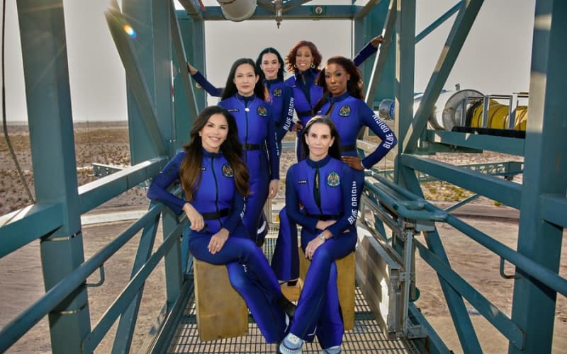 From left - entrepreneur Lauren Sanchez, former NASA scientist Amanda Nguyen, singer Katy Perry, TV presenter Gayle King, former NASA scientist Aisha Bowe and film producer Kerianne Flynn pose in their spacesuits ahead of an all-woman sub-orbital mission aboard the New Shepard rocket.