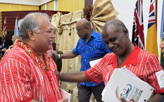 Solomon Islands Prime Minister Jeremiah Manele, right, at the 53rd Pacific Islands Forum Leaders Meeting in Nuku'alofa, Tonga. August 2024