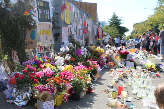 Tributes and flowers left outside Al-Noor Mosque in Christchurch after the terror attacks.