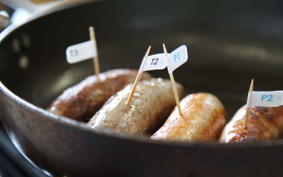 Sausages lined up for judging at the Great New Zealand Sausage Competition