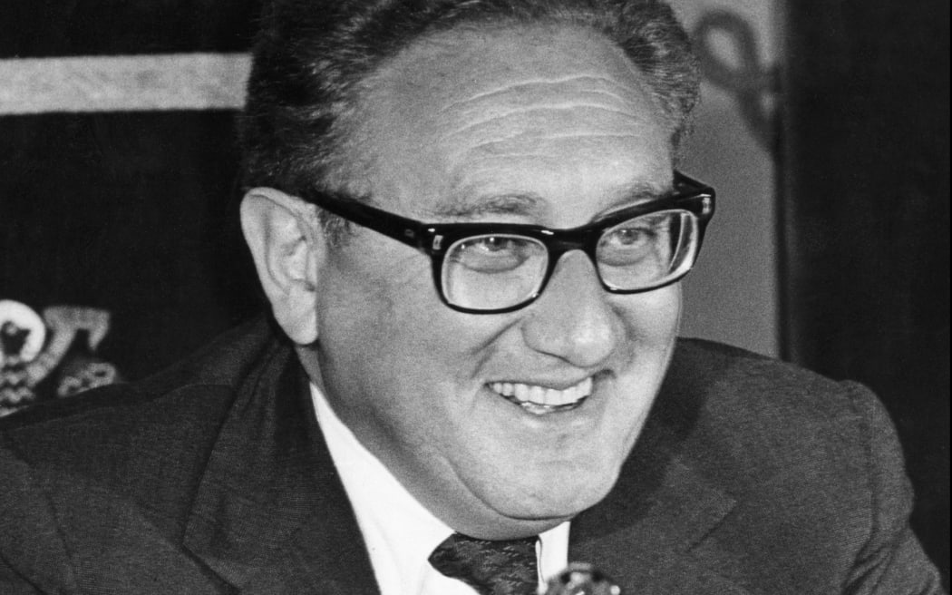 (FILES) Picture dated 1976 of US Secretary of State Henry Kissinger (1973-76) giving a press conference in an unknown location. He was the main American figure in the negociations to end the Vietnam War for which he shared the 1973 Nobel Peace Prize. Former US secretary of state Henry Kissinger, a key figure of American diplomacy in the post-World War II era, died November 29, 2023 at the age of 100, his association said. (Photo by AFP)