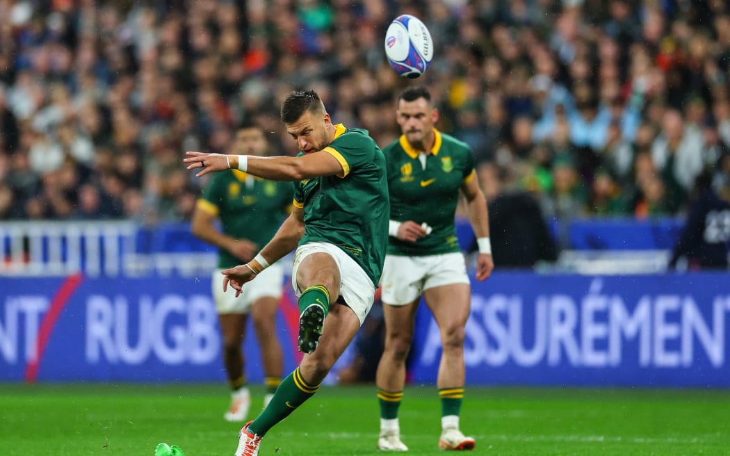 South Africa’s Handre Pollard kicks a penalty