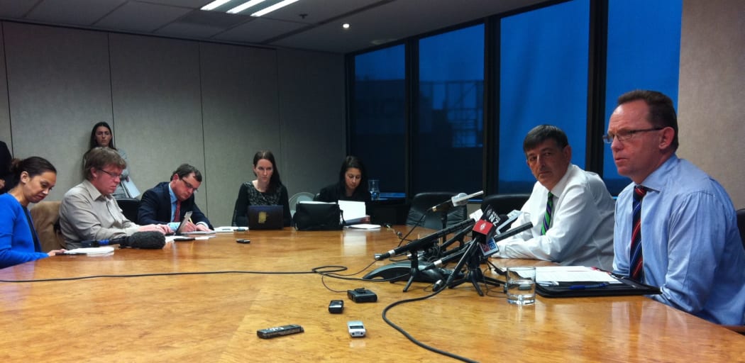 Brendon Gibson and Michael Stiassney, right, announcing the receivership in June.