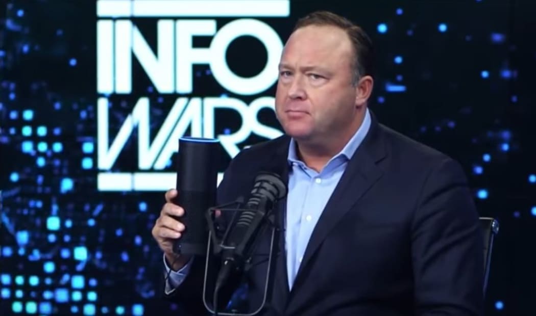 Alex vs Alexa: InfoWars' main man confronts Amazon's in-home online "bugging device."