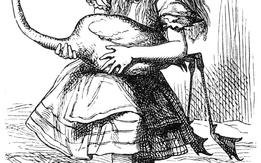 Alice playing croquet with a flamingo