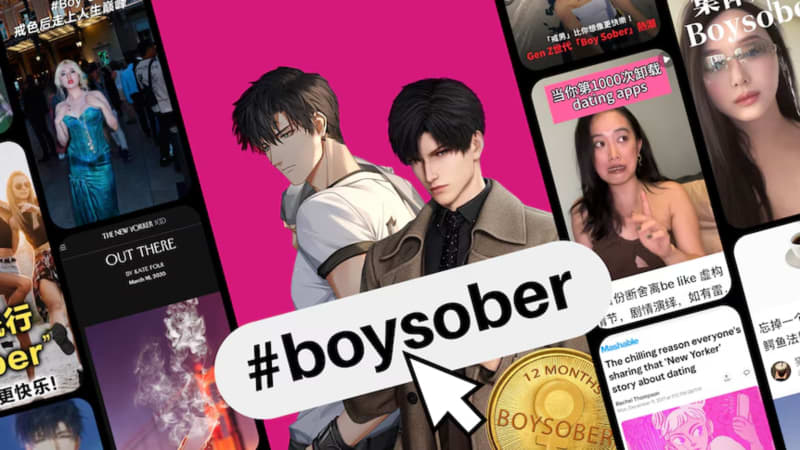 A composite showing young Chinese women on social media joining or talking about the boy sober movement.