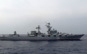 In this file photo taken on December 17, 2015 the Russian missile cruiser Moskva patrols in the Mediterranean Sea, off the coast of Syria, on December 17, 2015.
