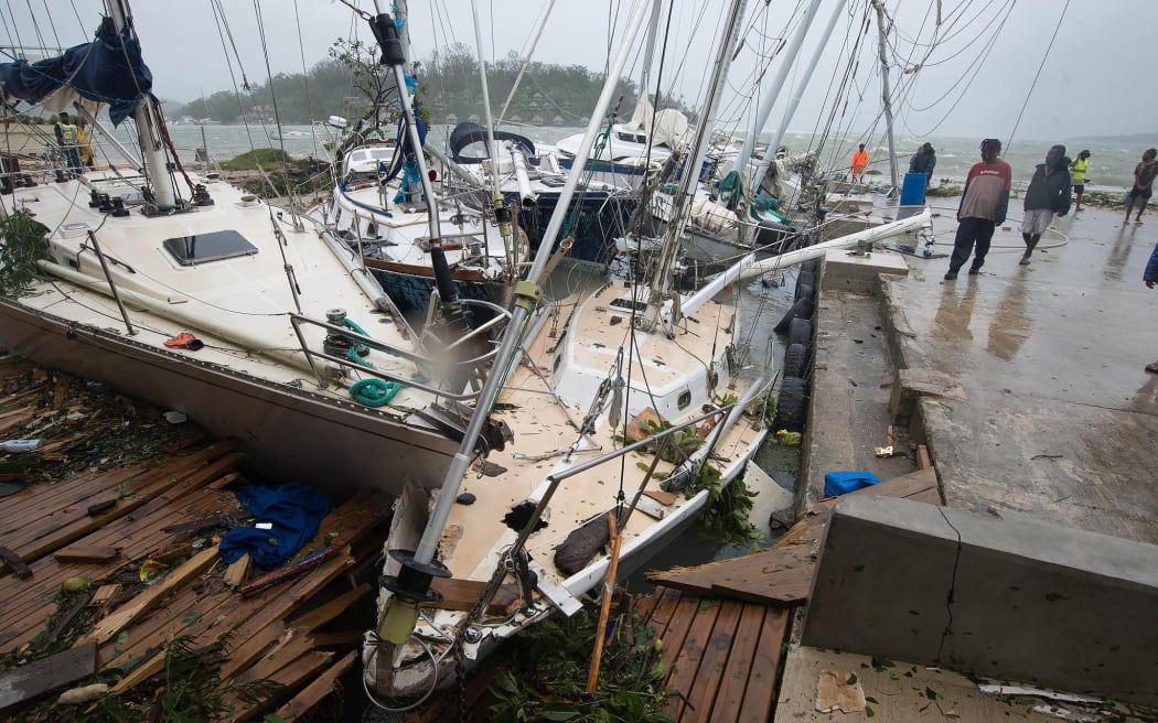 Yachts at Port Vila were tossed about in the cyclone.