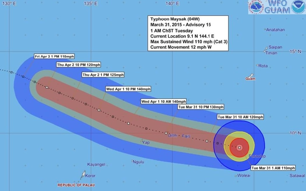 Typhoon Maysak's position at 1500 UTC on Tuesday
