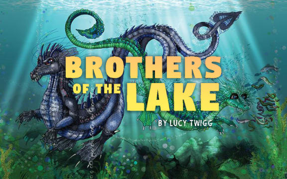 "Brothers of the Lake" by Lucy Twigg. Two taniwha brothers--one strong and stern, the other smaller and smiling--swim under the water.