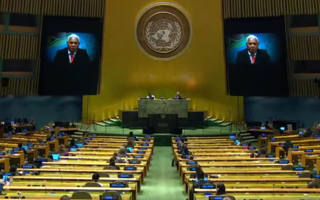 A pre-recorded speech by Vanuatu prime minister Bob Loughman plays via video at the UN General Assembly's 75th session.