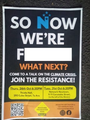 The posters Peter Wham put up around Wellington, calling for people to attend a talk on the climate crisis with the legend "So now we're F******".