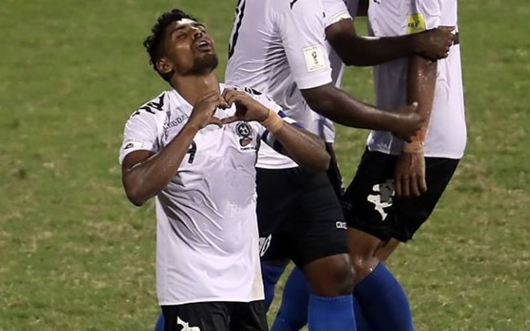 Roy Krishna celebrates scoring the winning goal against Solomon Islands.