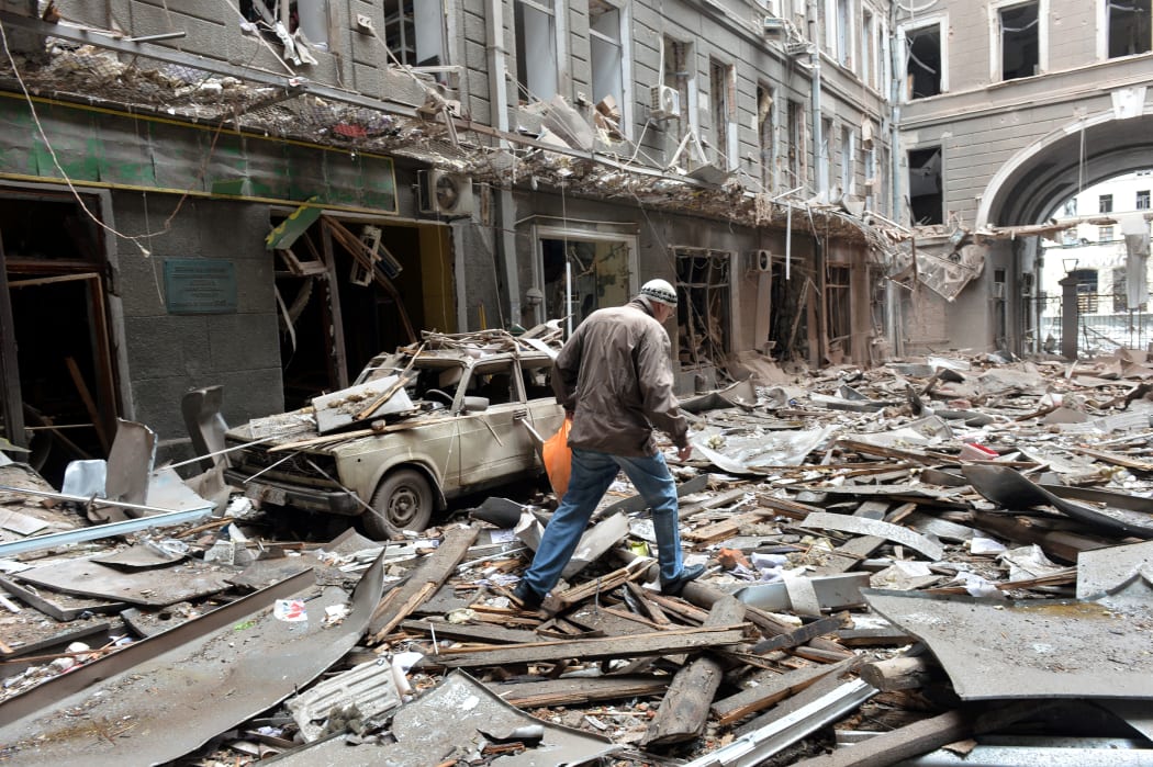 A view of a damaged building after shelling by Russian forces in Ukraine's second-biggest city of Kharkiv on March 3, 2022.