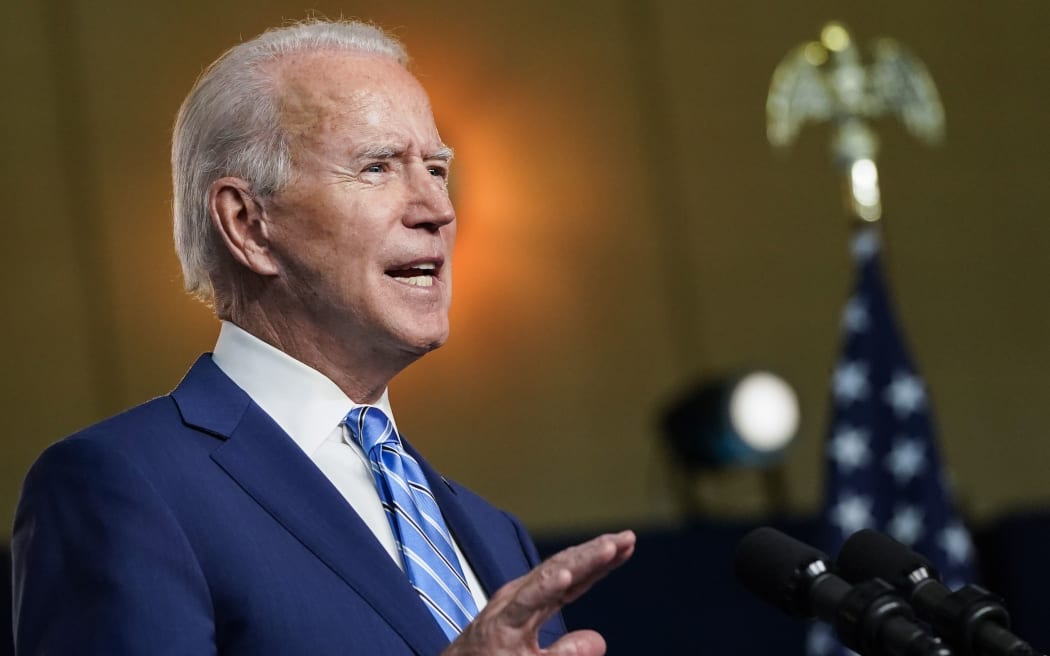 WILMINGTON, DE - NOVEMBER 04: Democratic presidential nominee Joe Biden speaks the day after Americans voted in the presidential election Day on November 04, 2020 in Wilmington, Delaware.