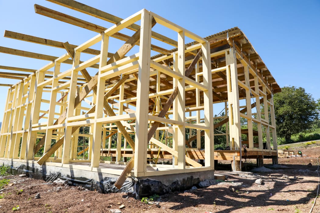 Different teams handle different parts of the building process. The foundations team is working nearby while the framing team is almost done on this house.