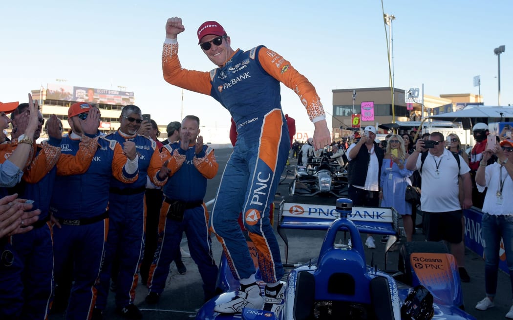 Scott Dixon celebrates after becoming the 2018 Verizon IndyCar Series Champion at Sonoma Raceway in California.