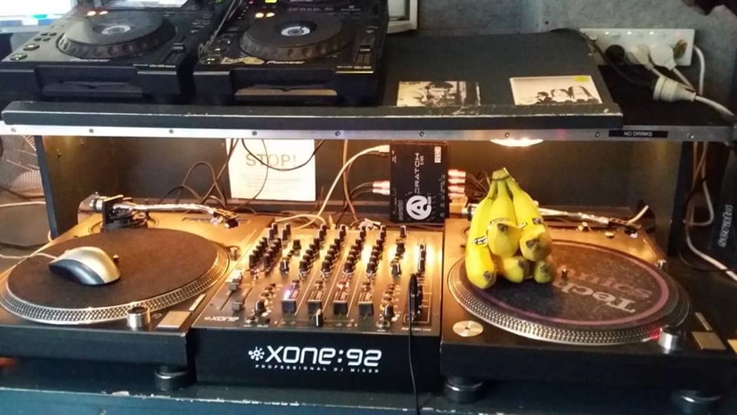 Radio Active's DJ console with bananas.
