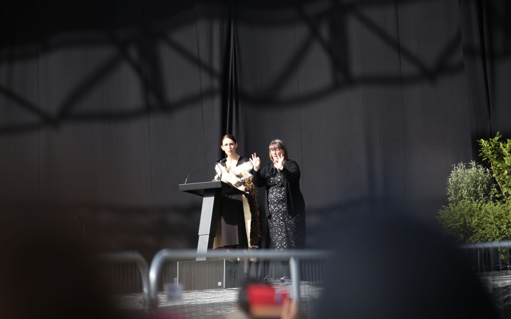 Prime Minister Jacinda Ardern at the national remembrance service in Christchurch.