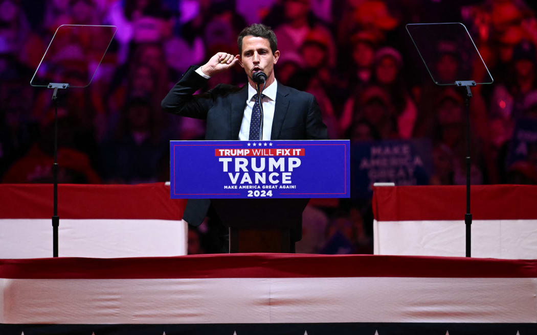 US comedian Tony Hinchcliffe speaks during a campaign rally for former US president and Republican presidential candidate Donald Trump at Madison Square Garden in New York on October 27, 2024. (Photo by ANGELA WEISS / AFP)