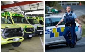 one  side if picture of parked ambulances, the second picture is police officer by his car