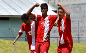 Tahiti players celebrate a goal at the Oceania Under 17 Football Championship.