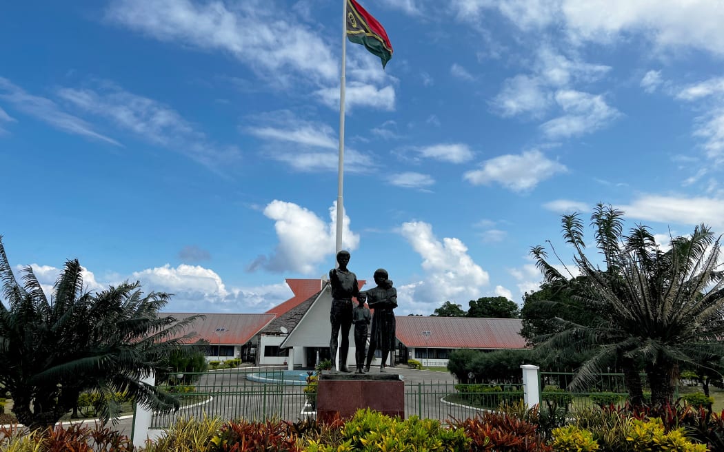This photo taken on June 22, 2023 shows a general view Vanuatu's parliament in Port Vila. Arab oil states are using their vast wealth to build influence across the far-flung South Pacific, experts have told AFP, tearing a page straight out of China's "Belt and Road" playbook. One of the most conspicuous examples sits smack in the middle of Vanuatu's leafy capital Port Vila, where a UAE-funded solar farm keeps the lights on inside the country's parliament. (Photo by Ben BOHANE / AFP) / TO GO WITH AFP STORY: Vanuatu-Pacific-climate-environment-diplomacy, FOCUS by Steven TRASK