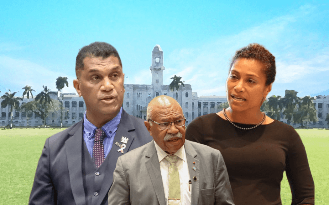 Fiji's now dismissed education minister Aseri Radrodro, left, and women's and children's minister Lynda Tabuya, right. Prime Minister Sitiveni Rabuka, middle, has said he will not respond to "comments on social media".