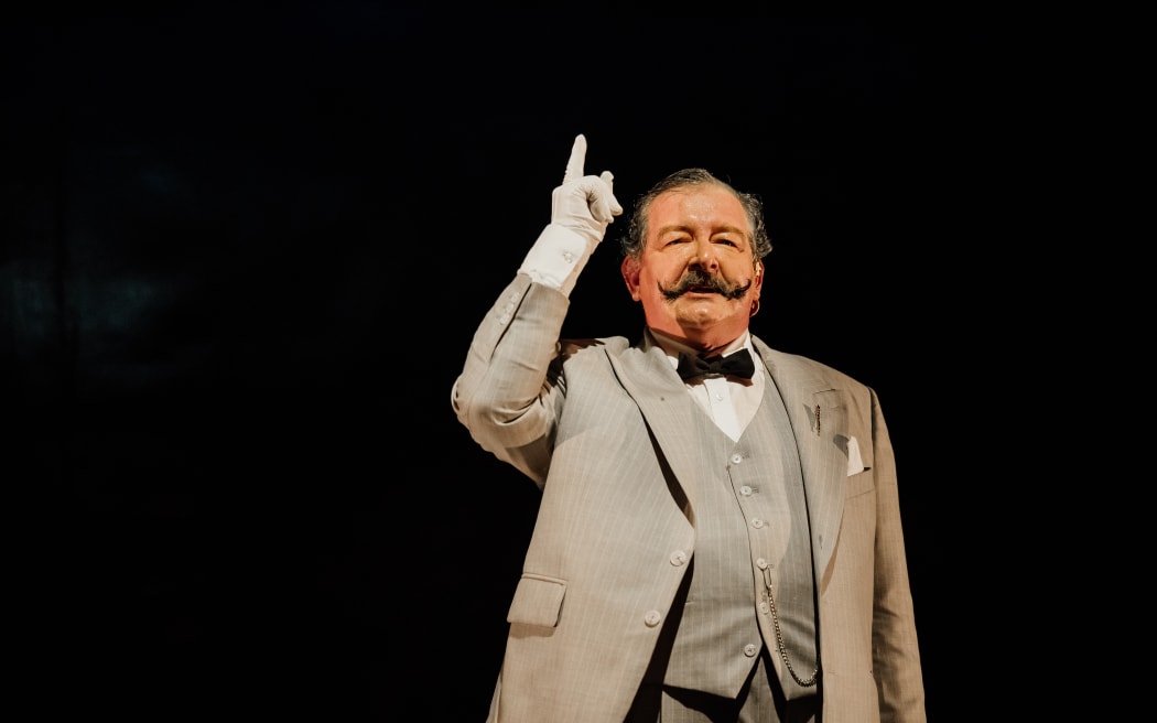 This is an image on Cameron Rhodes playing Hercule Poirot on stage in Auckland.